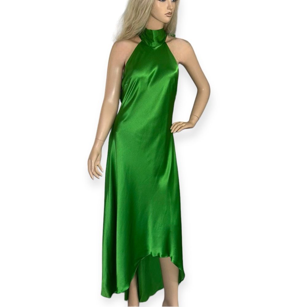 FRAME Draped Neck Tie Halter Dress in Bright Peridot Silk Size Large NEW - Picture 3 of 16